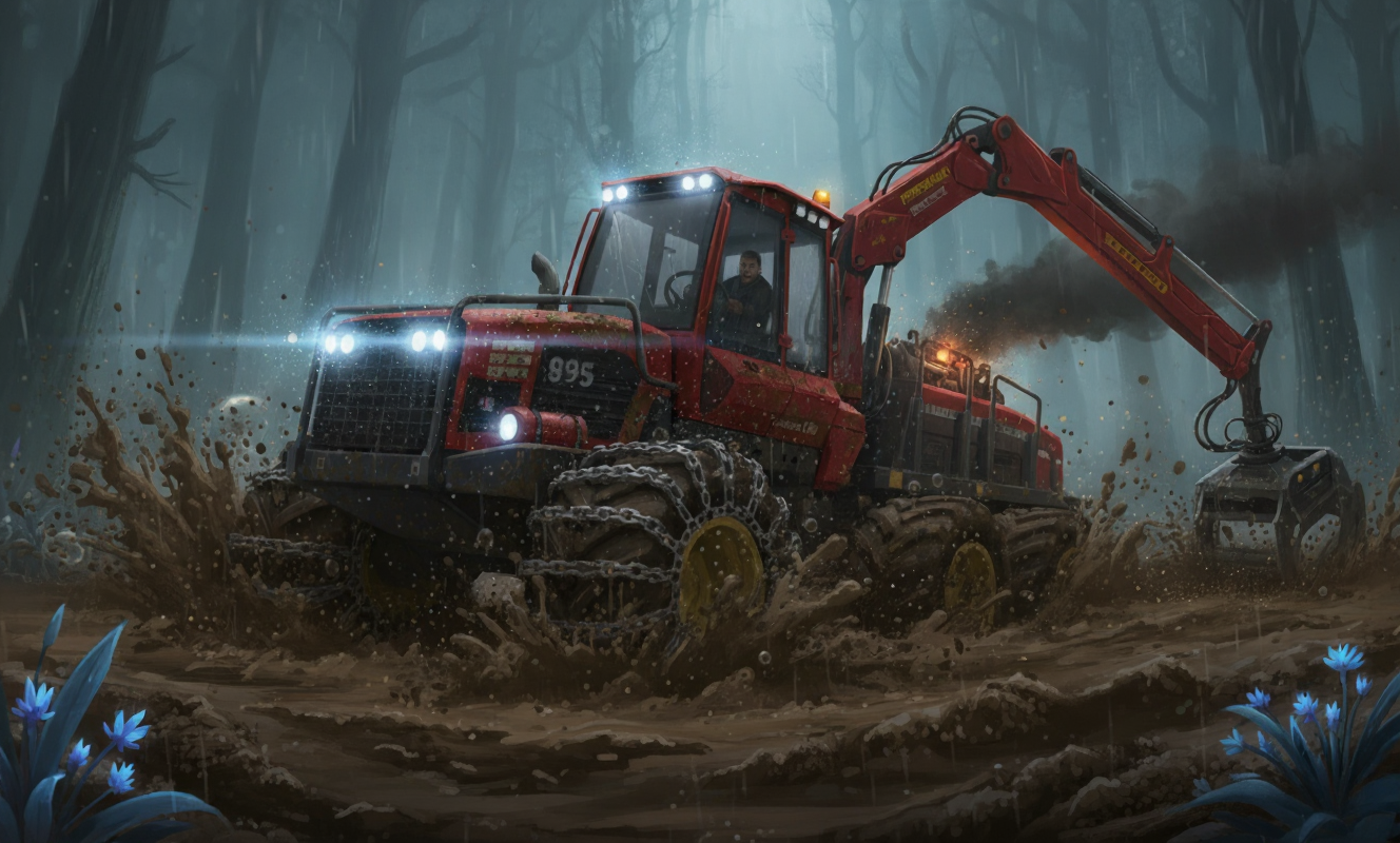 Epic battle: Forest machinery fighting against mud and challenging conditions